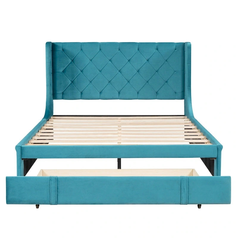 Lit de rangement Queen Size en velours avec tête de lit capitonnée et grand tiroir