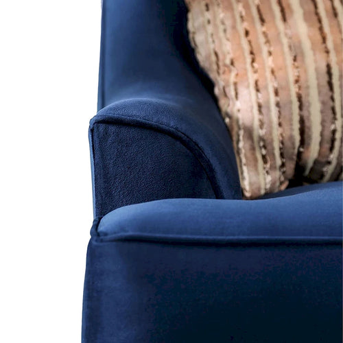 Ensemble canapé et causeuse 2 places en chenille bleu marine, pieds cabriolets, garniture cloutée, 12 coussins, style transitoire