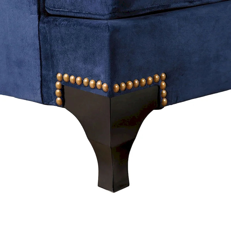 Ensemble canapé et causeuse 2 places en chenille bleu marine, pieds cabriolets, garniture cloutée, 12 coussins, style transitoire