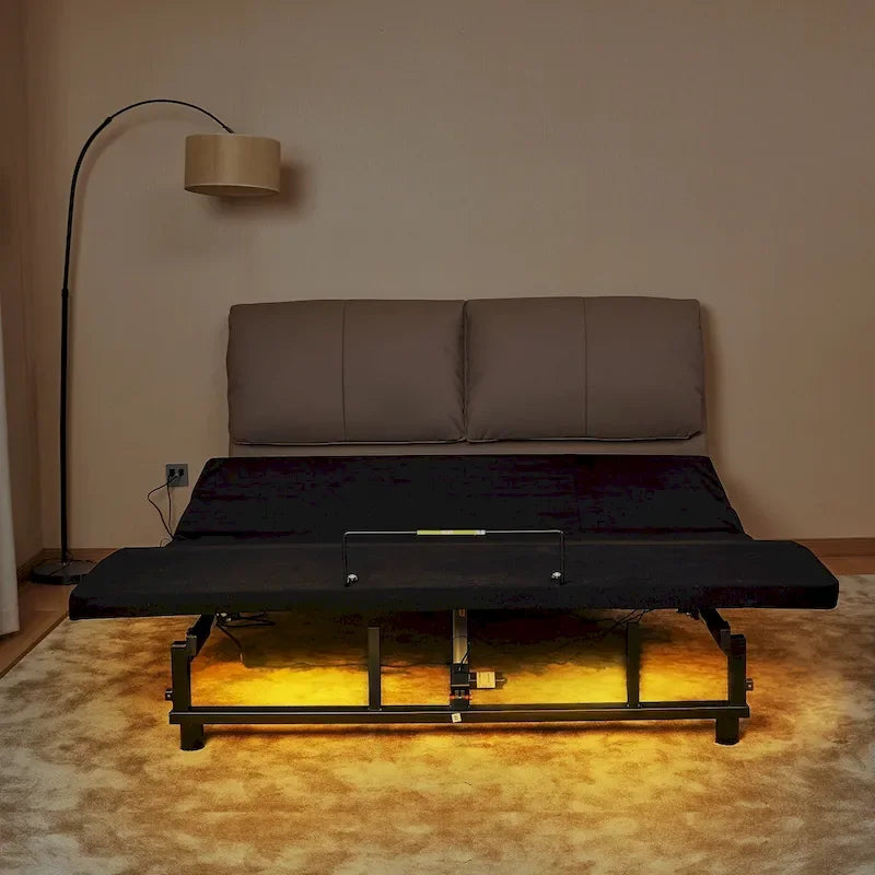 Lit pliable Queen Size Cadre de lit réglable premium avec télécommande sans fil, chargement USB et éclairage sous le lit