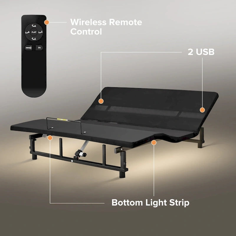 Lit pliable Queen Size Cadre de lit réglable premium avec télécommande sans fil, chargement USB et éclairage sous le lit