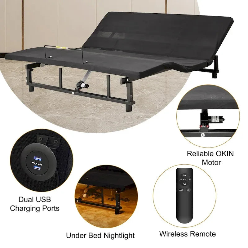 Lit pliable Queen Size Cadre de lit réglable premium avec télécommande sans fil, chargement USB et éclairage sous le lit
