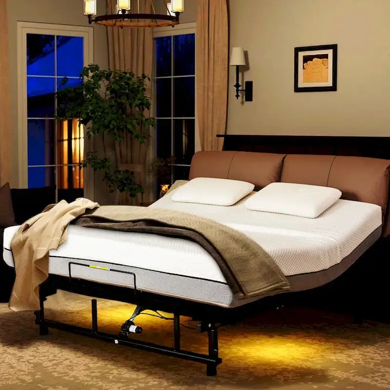 Lit pliable Queen Size Cadre de lit réglable premium avec télécommande sans fil, chargement USB et éclairage sous le lit