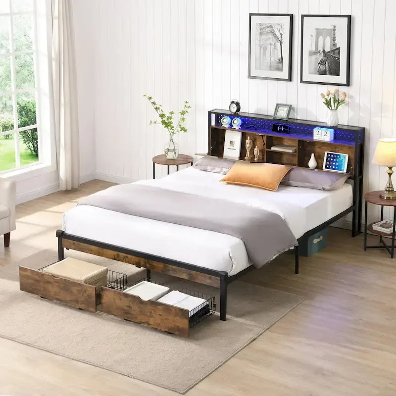 Lit plate-forme en métal King Size avec éclairage LED, tête de lit avec rangement, 2 tiroirs, ports de chargement USB, noir/marron