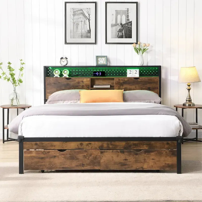 Lit plate-forme en métal King Size avec éclairage LED, tête de lit avec rangement, 2 tiroirs, ports de chargement USB, noir/marron