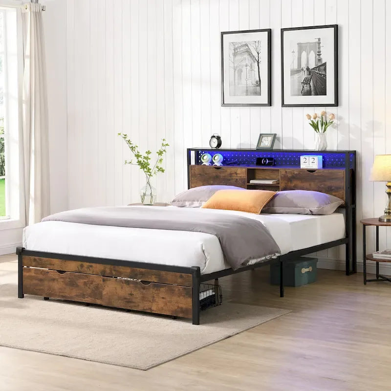Lit plate-forme en métal King Size avec éclairage LED, tête de lit avec rangement, 2 tiroirs, ports de chargement USB, noir/marron