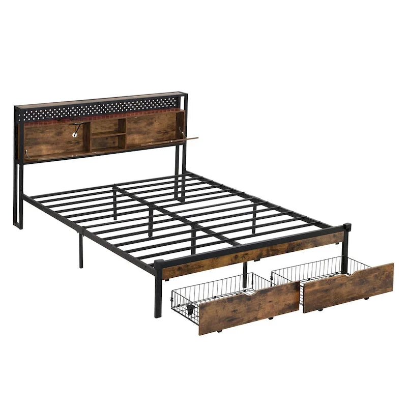 Lit plate-forme en métal King Size avec éclairage LED, tête de lit avec rangement, 2 tiroirs, ports de chargement USB, noir/marron
