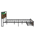 Lit plate-forme en métal King Size avec éclairage LED, tête de lit avec rangement, 2 tiroirs, ports de chargement USB, noir/marron