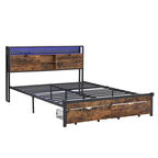 Lit plate-forme en métal King Size avec éclairage LED, tête de lit avec rangement, 2 tiroirs, ports de chargement USB, noir/marron