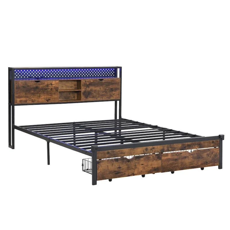 Lit plate-forme en métal King Size avec éclairage LED, tête de lit avec rangement, 2 tiroirs, ports de chargement USB, noir/marron