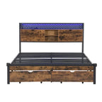 Lit plate-forme en métal King Size avec éclairage LED, tête de lit avec rangement, 2 tiroirs, ports de chargement USB, noir/marron