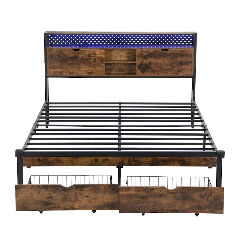Lit plate-forme en métal King Size avec éclairage LED, tête de lit avec rangement, 2 tiroirs, ports de chargement USB, noir/marron