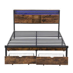 Lit plate-forme en métal King Size avec éclairage LED, tête de lit avec rangement, 2 tiroirs, ports de chargement USB, noir/marron