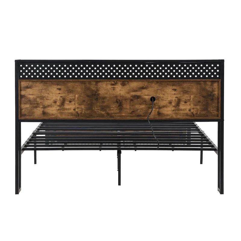 Lit plate-forme en métal King Size avec éclairage LED, tête de lit avec rangement, 2 tiroirs, ports de chargement USB, noir/marron