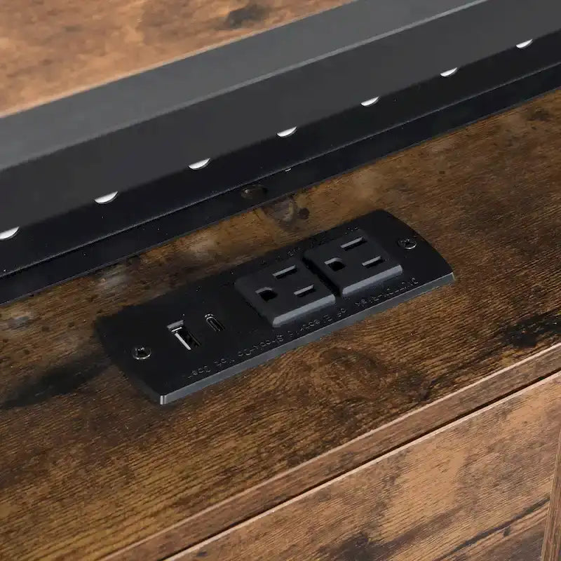Lit plate-forme en métal King Size avec éclairage LED, tête de lit avec rangement, 2 tiroirs, ports de chargement USB, noir/marron