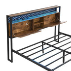 Lit plate-forme en métal King Size avec éclairage LED, tête de lit avec rangement, 2 tiroirs, ports de chargement USB, noir/marron