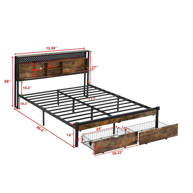 Lit plate-forme en métal King Size avec éclairage LED, tête de lit avec rangement, 2 tiroirs, ports de chargement USB, noir/marron