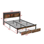 Lit plate-forme en métal King Size avec éclairage LED, tête de lit avec rangement, 2 tiroirs, ports de chargement USB, noir/marron