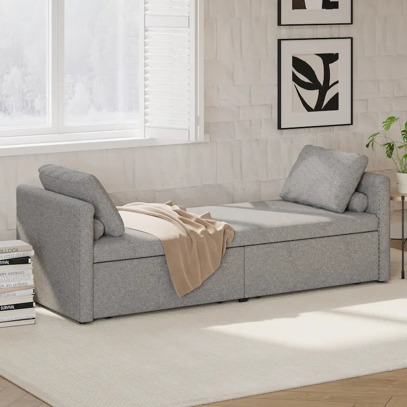 Chaise longue de repos 207 cm en lin rembourré avec oreillers et 2 tiroirs de rangement pour salon