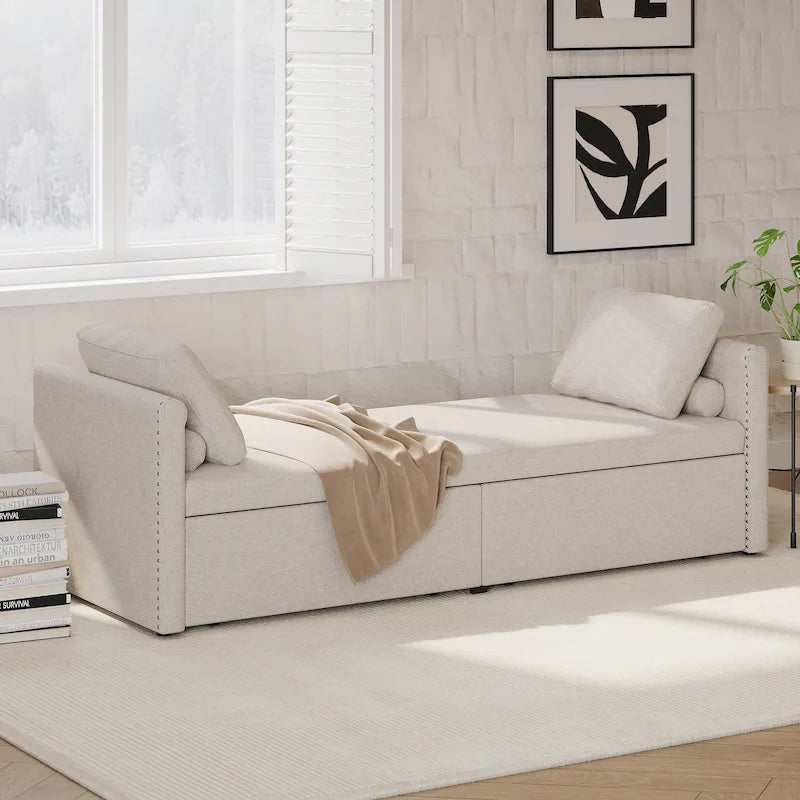Chaise longue de repos 207 cm en lin rembourré avec oreillers et 2 tiroirs de rangement pour salon