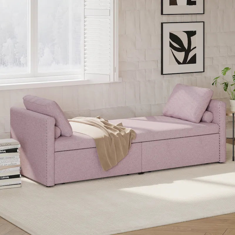 Chaise longue de repos 207 cm en lin rembourré avec oreillers et 2 tiroirs de rangement pour salon