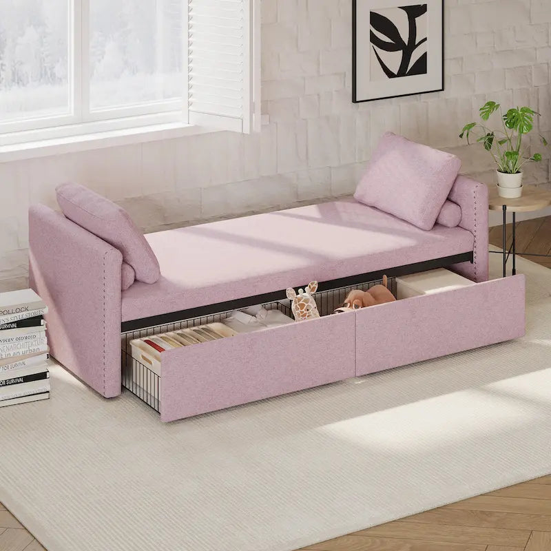 Chaise longue de repos 207 cm en lin rembourré avec oreillers et 2 tiroirs de rangement pour salon