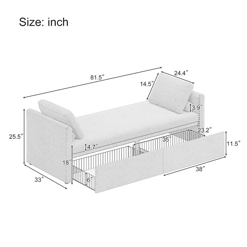 Chaise longue de repos 207 cm en lin rembourré avec oreillers et 2 tiroirs de rangement pour salon