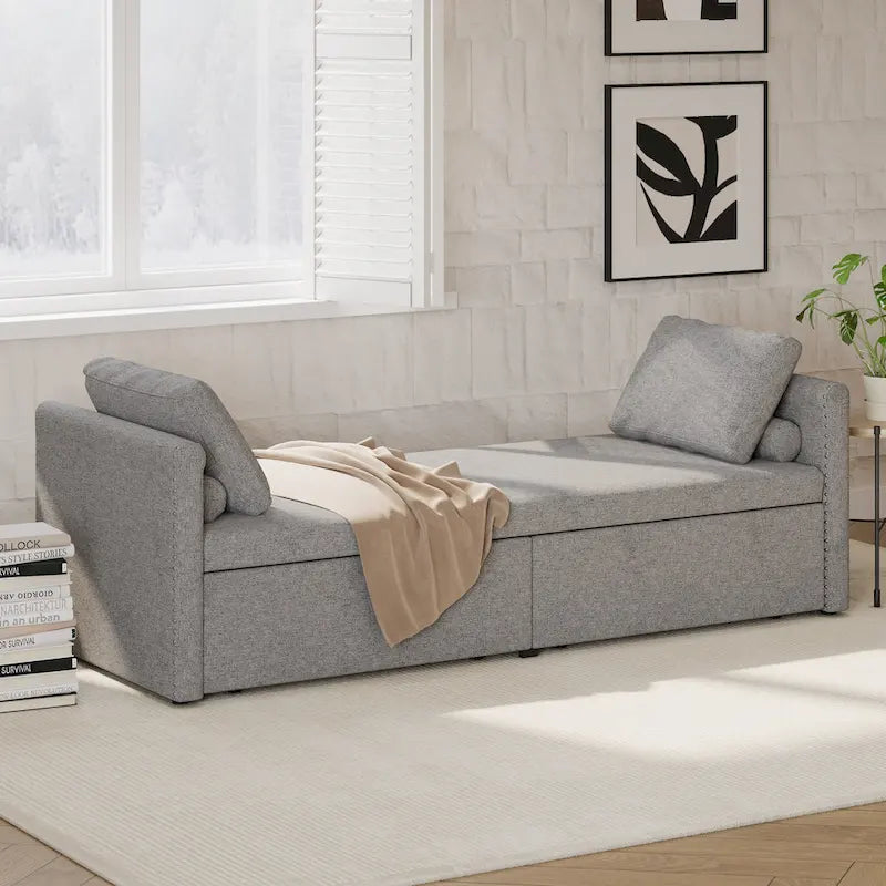 Chaise longue de repos 207 cm en lin rembourré avec oreillers et 2 tiroirs de rangement pour salon