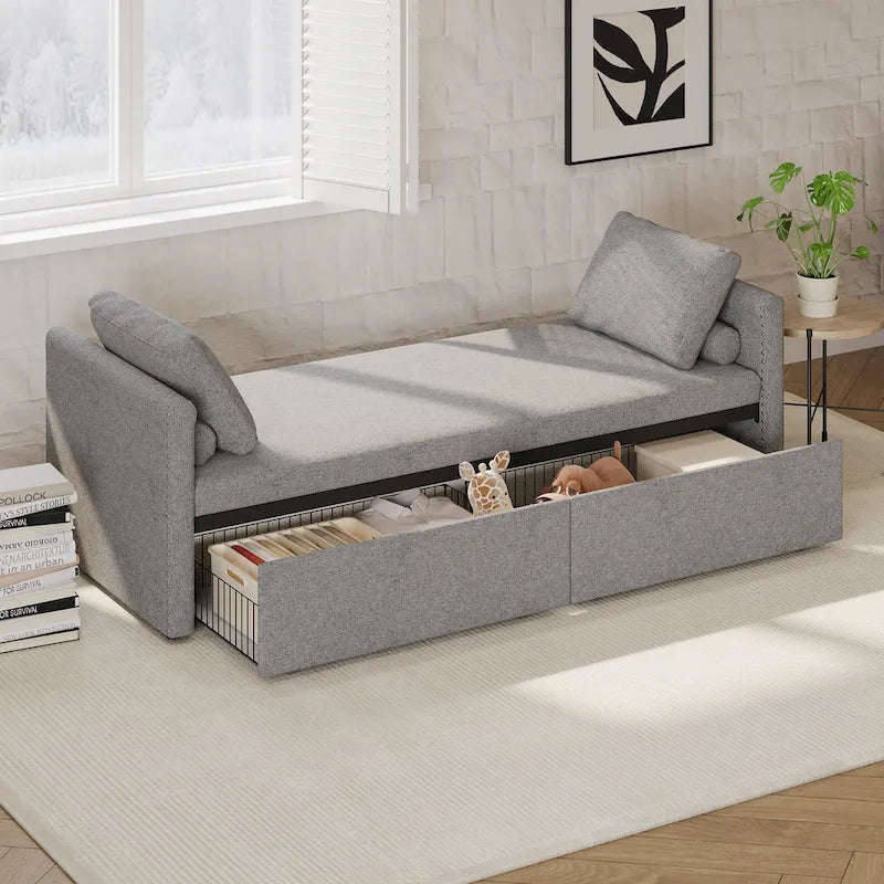Chaise longue de repos 207 cm en lin rembourré avec oreillers et 2 tiroirs de rangement pour salon