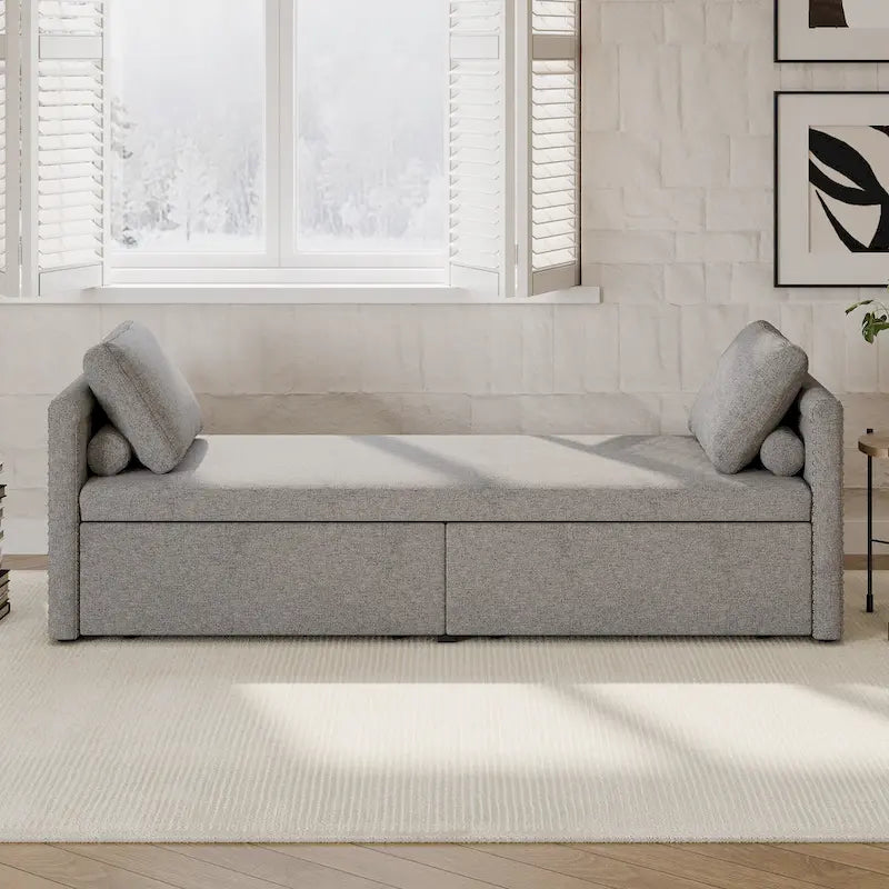 Chaise longue de repos 207 cm en lin rembourré avec oreillers et 2 tiroirs de rangement pour salon