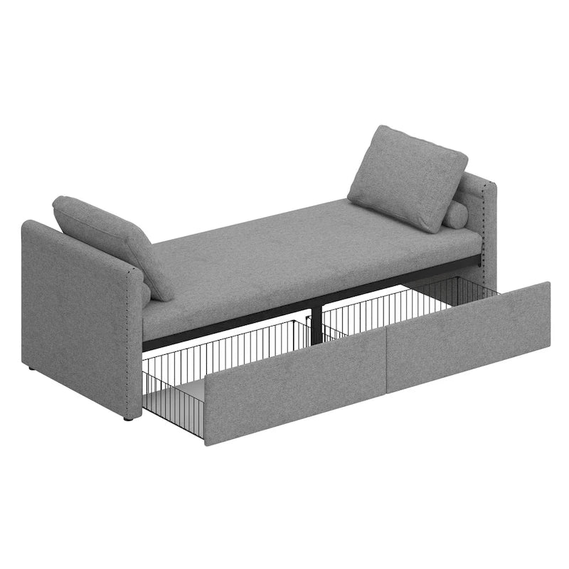 Chaise longue de repos 207 cm en lin rembourré avec oreillers et 2 tiroirs de rangement pour salon