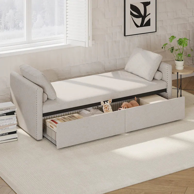 Chaise longue de repos 207 cm en lin rembourré avec oreillers et 2 tiroirs de rangement pour salon