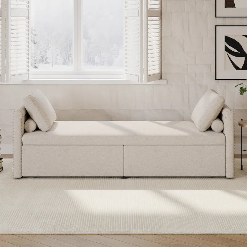 Chaise longue de repos 207 cm en lin rembourré avec oreillers et 2 tiroirs de rangement pour salon