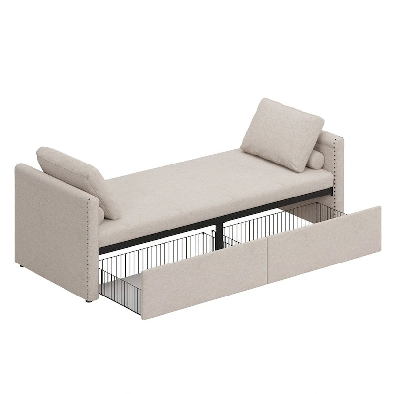 Chaise longue de repos 207 cm en lin rembourré avec oreillers et 2 tiroirs de rangement pour salon