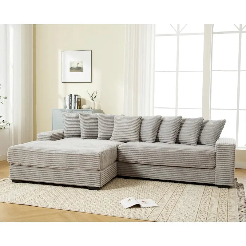 Canapé d'angle modulable en velours côtelé de 282 cm avec méridienne gauche et 8 coussins – 3 places pour salon
