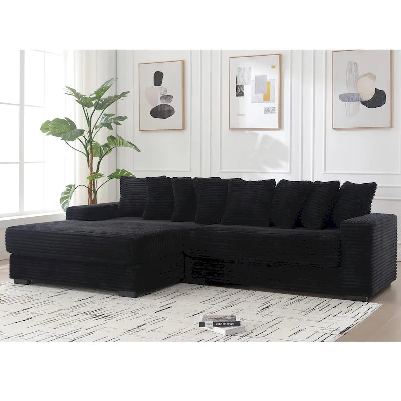 Canapé d'angle modulable en velours côtelé de 282 cm avec méridienne gauche et 8 coussins – 3 places pour salon