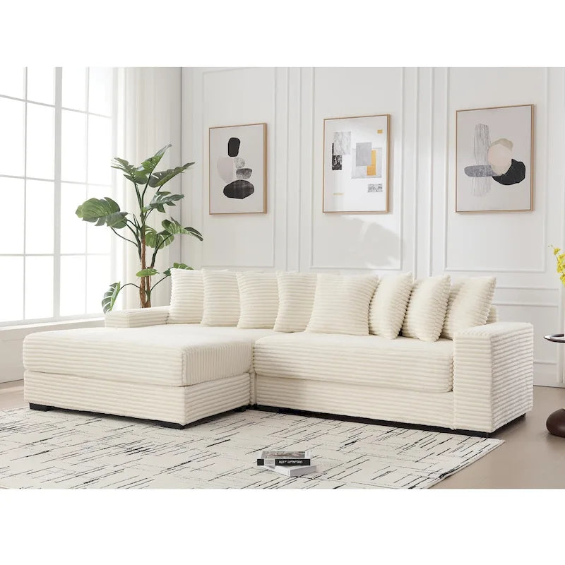 Canapé d'angle modulable en velours côtelé de 282 cm avec méridienne gauche et 8 coussins – 3 places pour salon