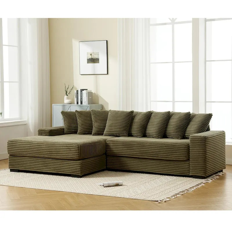 Canapé d'angle modulable en velours côtelé de 282 cm avec méridienne gauche et 8 coussins – 3 places pour salon