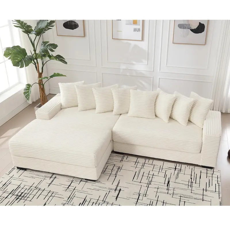 Canapé d'angle modulable en velours côtelé de 282 cm avec méridienne gauche et 8 coussins – 3 places pour salon