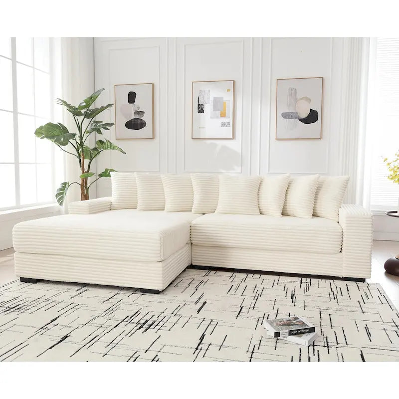 Canapé d'angle modulable en velours côtelé de 282 cm avec méridienne gauche et 8 coussins – 3 places pour salon