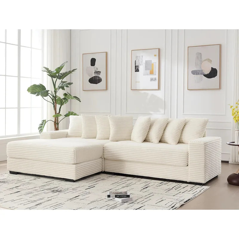 Canapé d'angle modulable en velours côtelé de 282 cm avec méridienne gauche et 8 coussins – 3 places pour salon