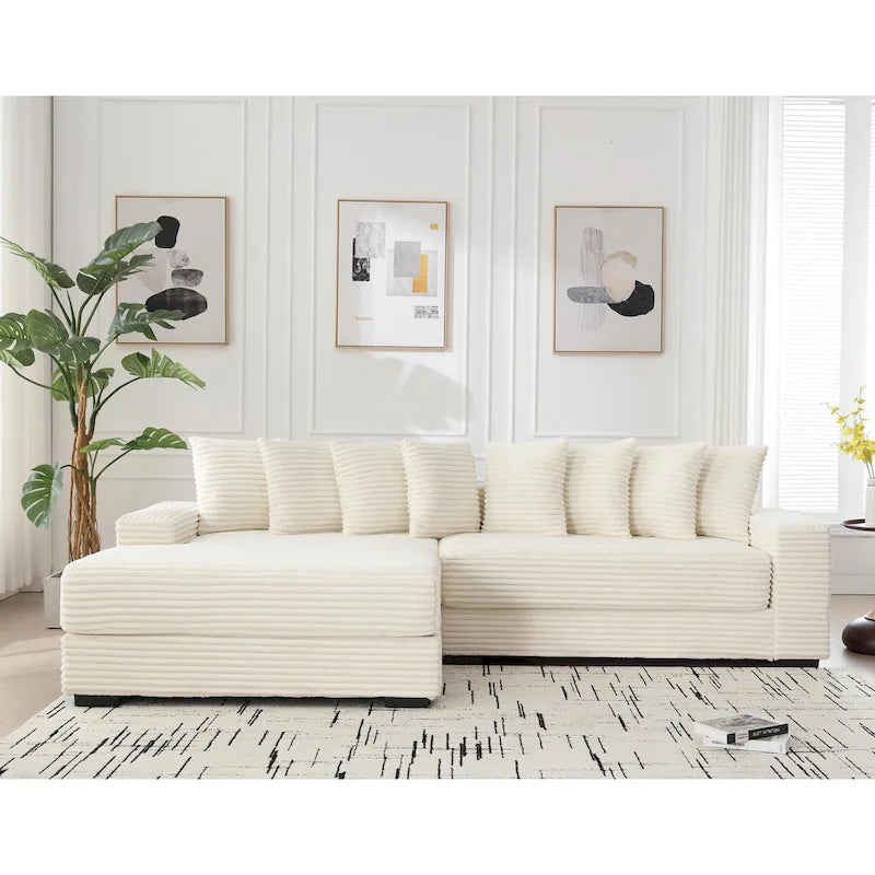 Canapé d'angle modulable en velours côtelé de 282 cm avec méridienne gauche et 8 coussins – 3 places pour salon