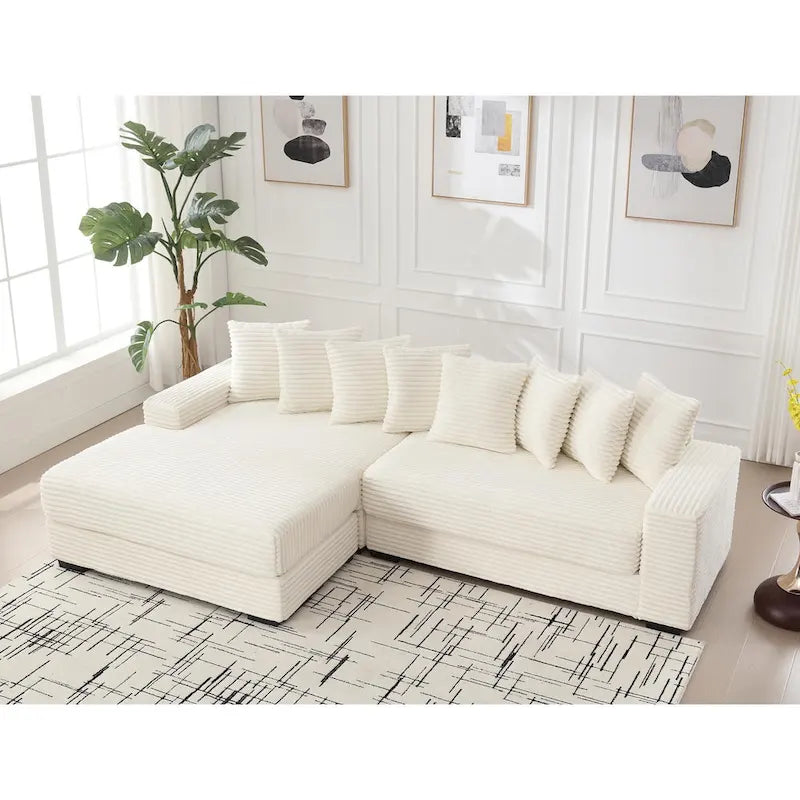 Canapé d'angle modulable en velours côtelé de 282 cm avec méridienne gauche et 8 coussins – 3 places pour salon