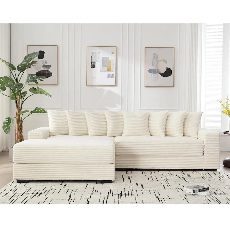 Canapé d'angle modulable en velours côtelé de 282 cm avec méridienne gauche et 8 coussins – 3 places pour salon