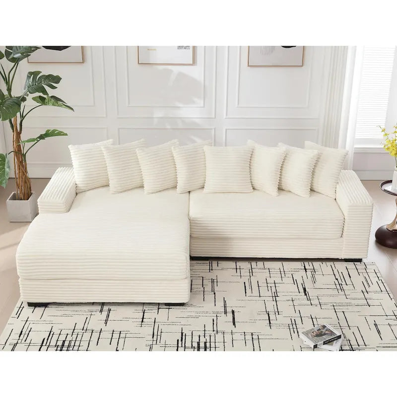 Canapé d'angle modulable en velours côtelé de 282 cm avec méridienne gauche et 8 coussins – 3 places pour salon