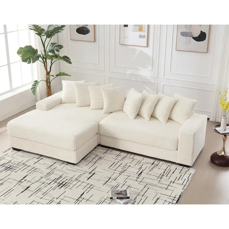 Canapé d'angle modulable en velours côtelé de 282 cm avec méridienne gauche et 8 coussins – 3 places pour salon