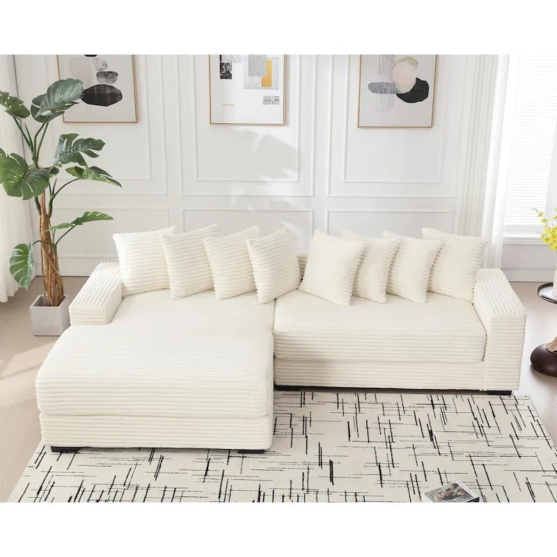 Canapé d'angle modulable en velours côtelé de 282 cm avec méridienne gauche et 8 coussins – 3 places pour salon