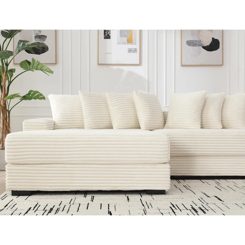 Canapé d'angle modulable en velours côtelé de 282 cm avec méridienne gauche et 8 coussins – 3 places pour salon