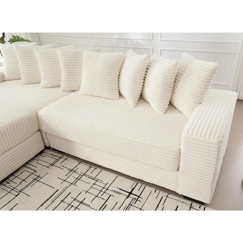 Canapé d'angle modulable en velours côtelé de 282 cm avec méridienne gauche et 8 coussins – 3 places pour salon