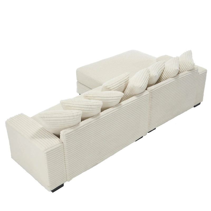 Canapé d'angle modulable en velours côtelé de 282 cm avec méridienne gauche et 8 coussins – 3 places pour salon